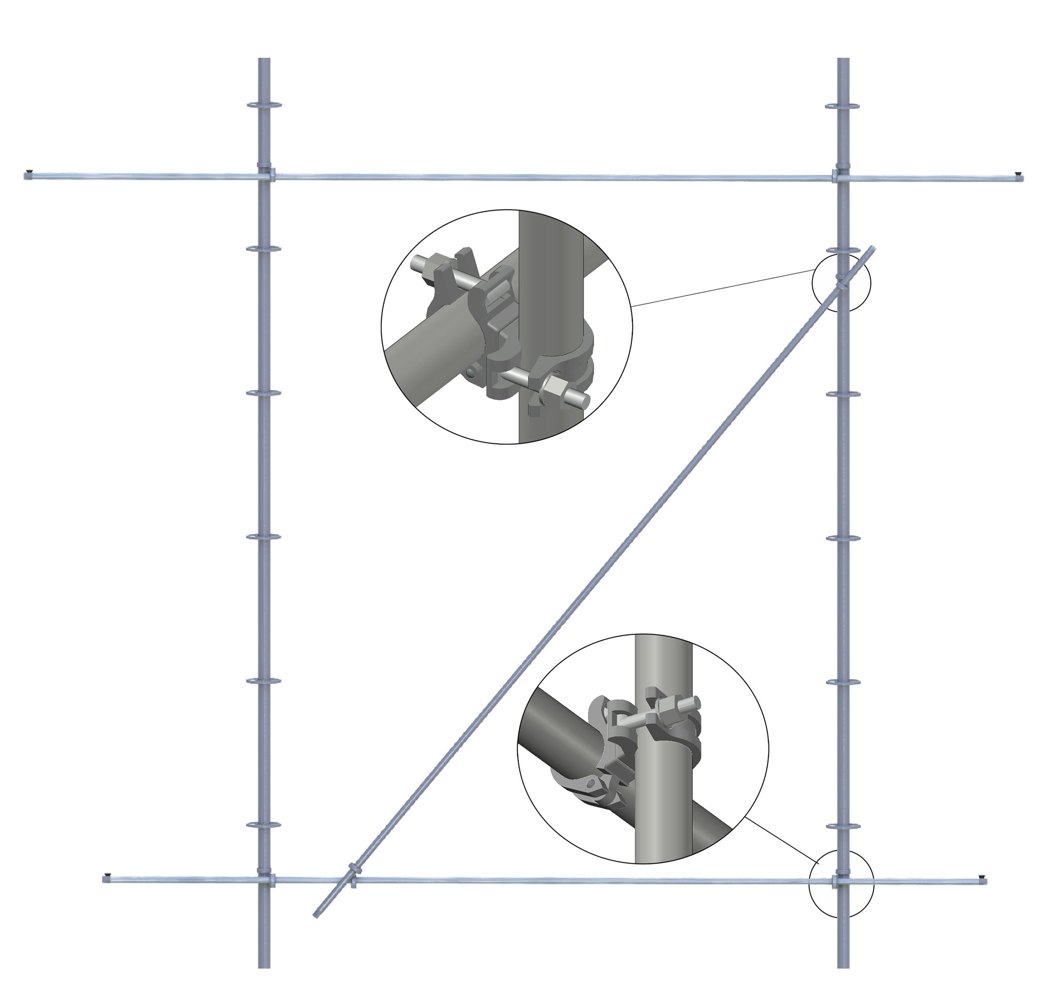 Универсальный размер трубы в ø48мм, позволяет в любых точках соединять элементы между собой одним видом хомутов