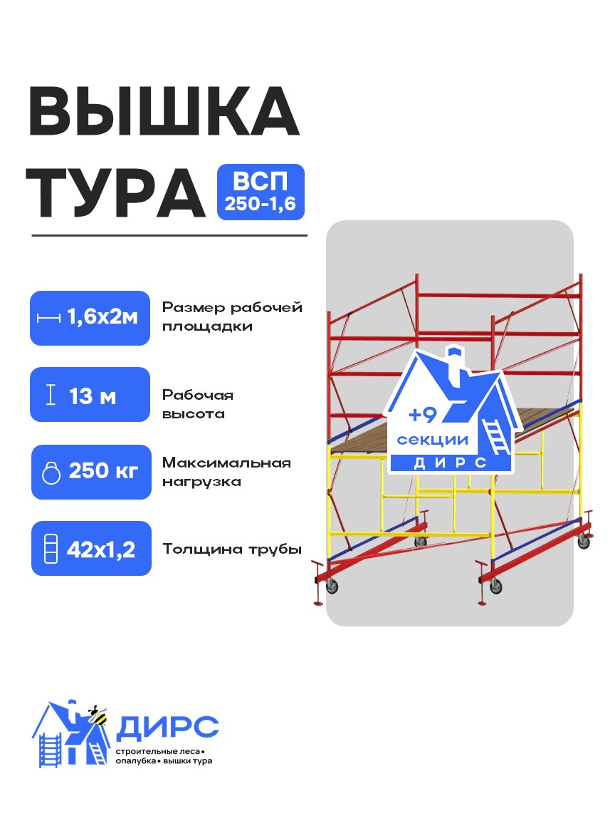 Вышка тура ВСП-250/1.6х2 (рабочая высота 13 м.) ПРОФЕССИОНАЛЬНАЯ