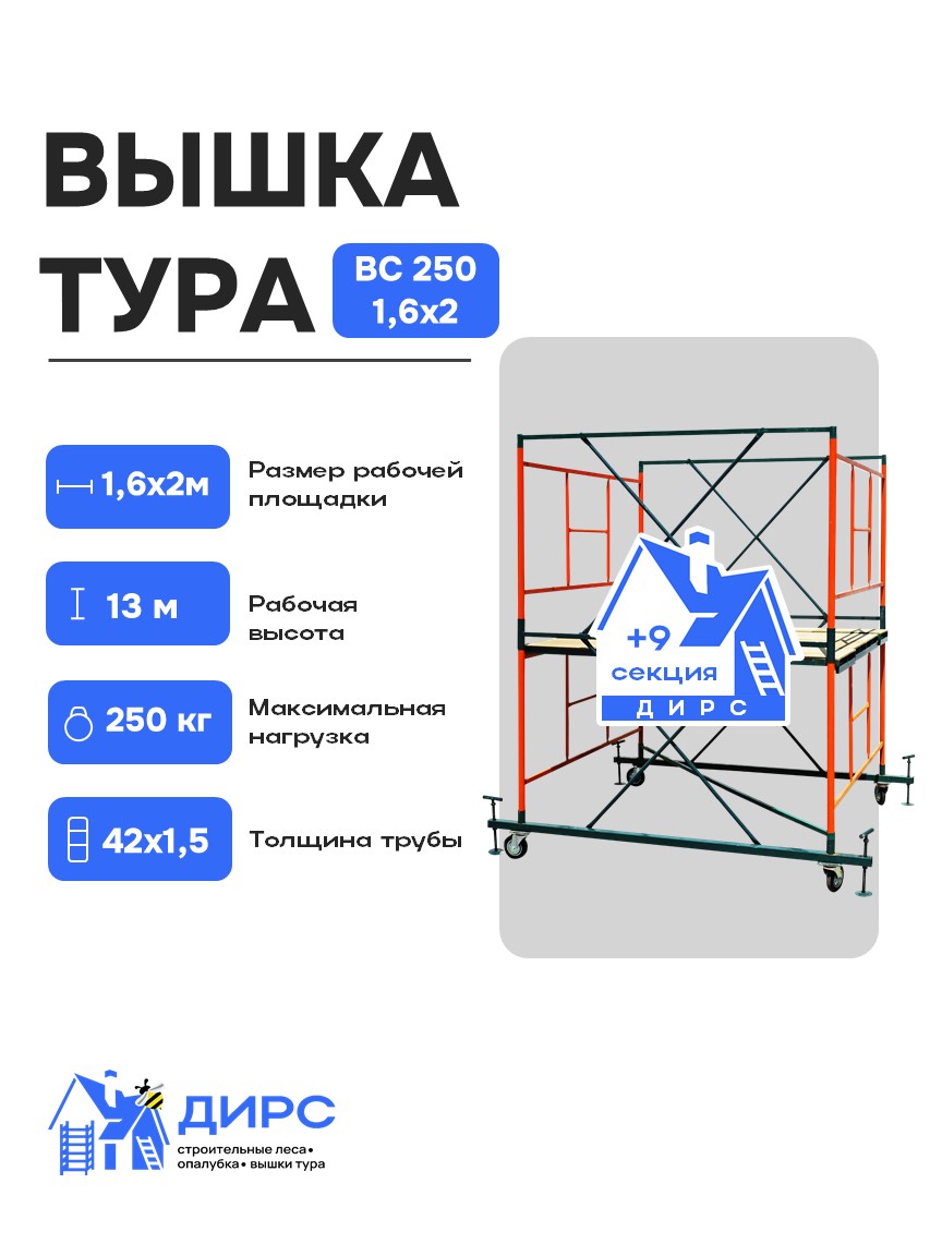 Вышка тура ВС-250/1.6х2.0 (рабочая высота 13 м.)