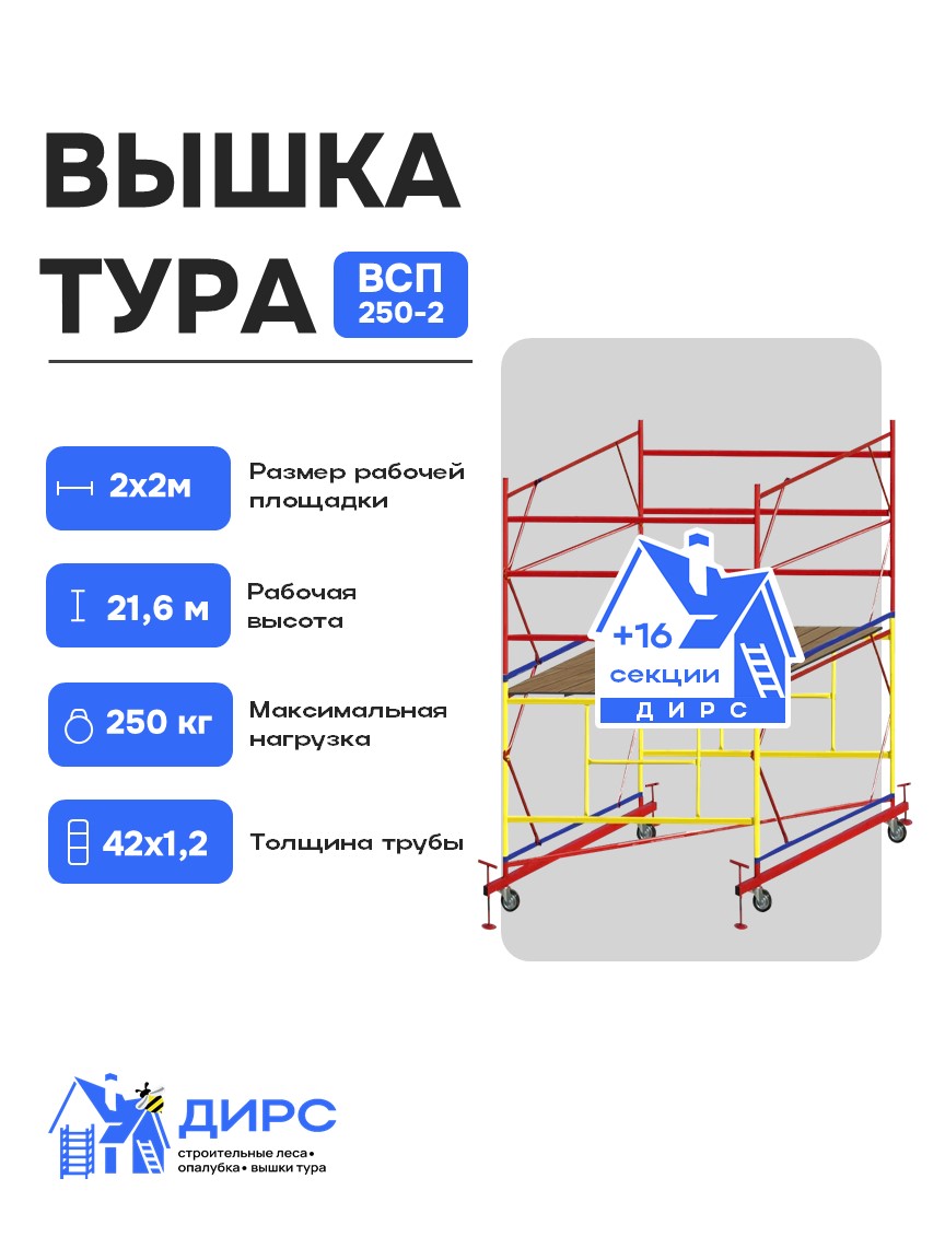 Вышка тура ВСП-250/2.0 рабочая высота 21.6 м. базовый блок + 16 секций промежуточных
