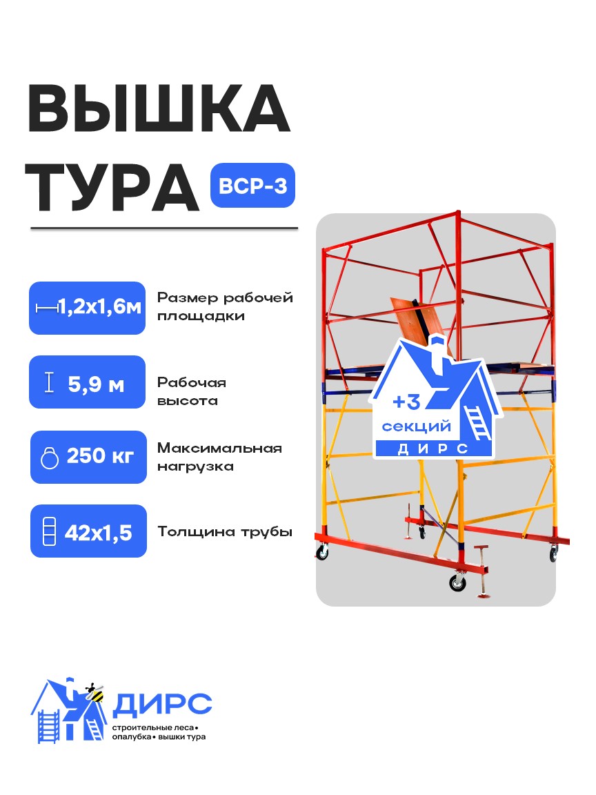 Вышка тура ВСР-3 рабочая высота 5,9 м, базовый блок + 3 секции промежуточные